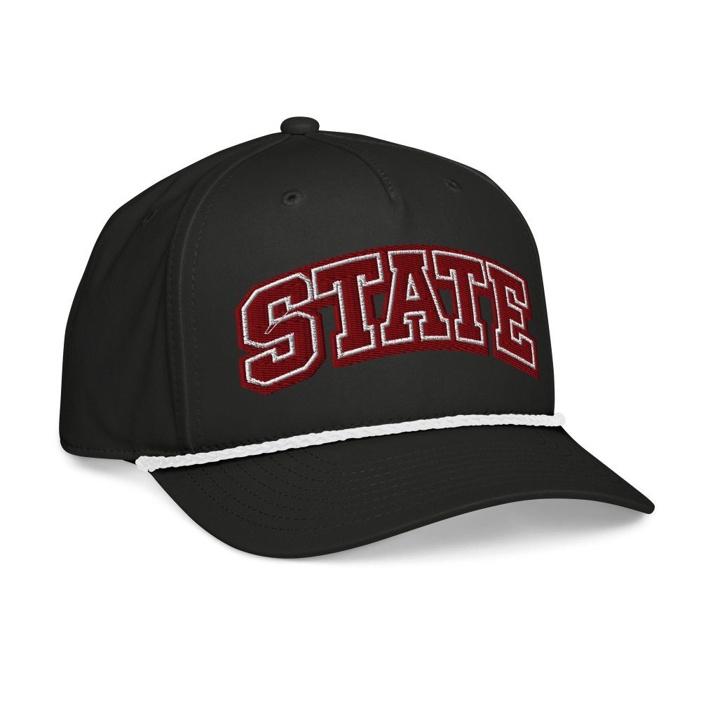 Opposite angled front view of black HAGS State collegiate rope hat, showing maroon and white STATE lettering.
