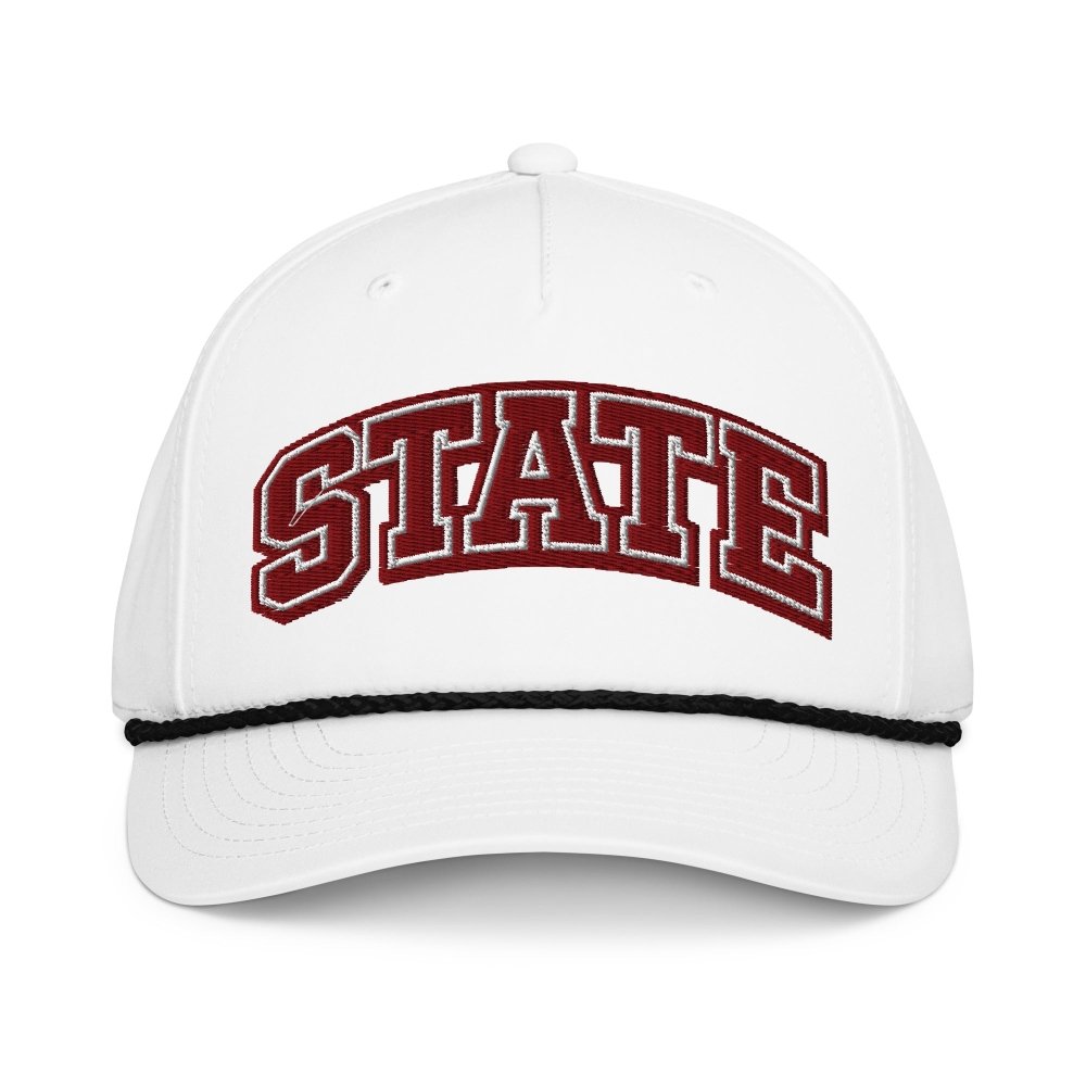 Front view of white HAGS State collegiate rope hat, showing maroon and white STATE lettering.