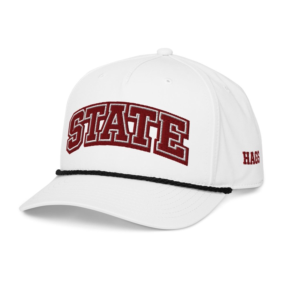 Angled front view of white HAGS State collegiate rope hat, showing maroon and white STATE lettering.