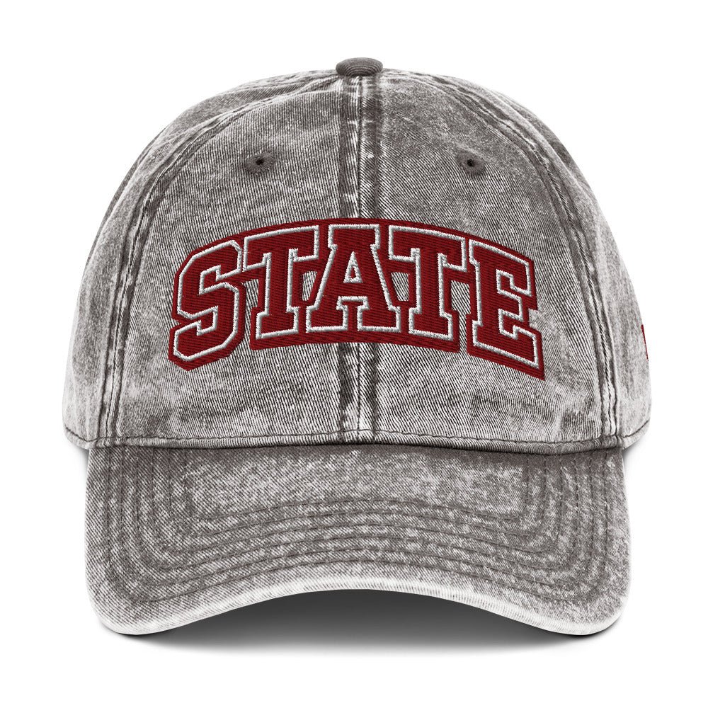 Front view of washed gray HAGS State washed dad hat, showing maroon and white STATE embroidery.