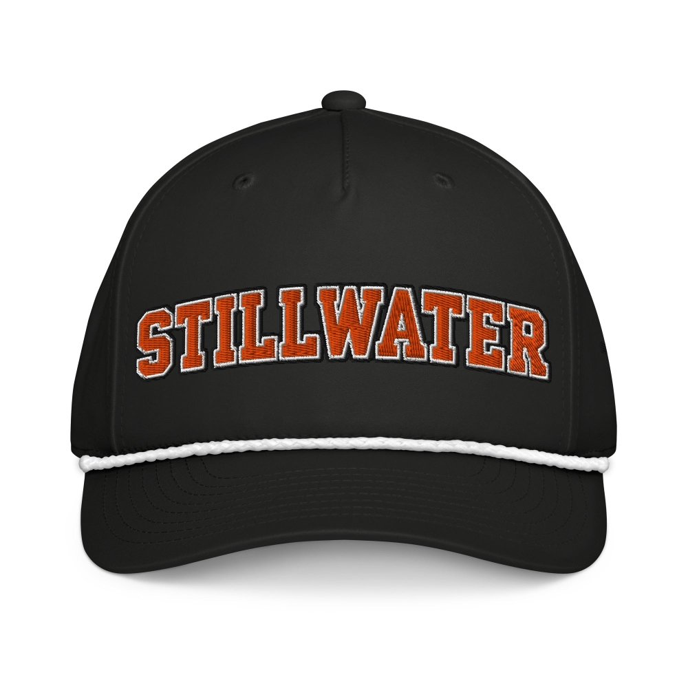 Front view of black HAGS Stillwater Oklahoma rope hat, showing orange STILLWATER lettering and contrasting rope.