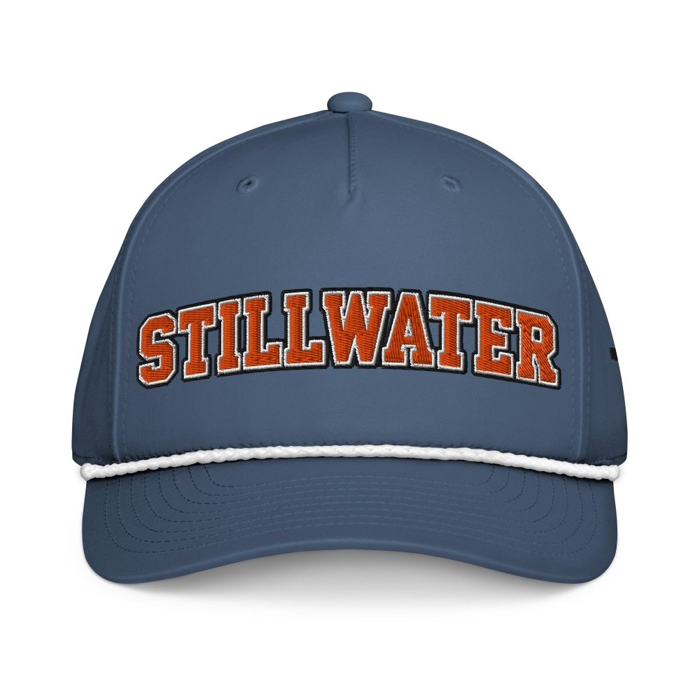 Front view of navy HAGS Stillwater Oklahoma rope hat, showing orange STILLWATER lettering and contrasting rope.