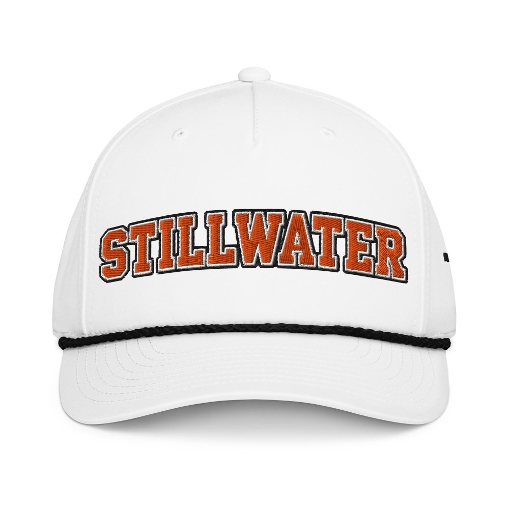 Front view of white HAGS Stillwater Oklahoma rope hat, showing orange STILLWATER lettering and contrasting rope.