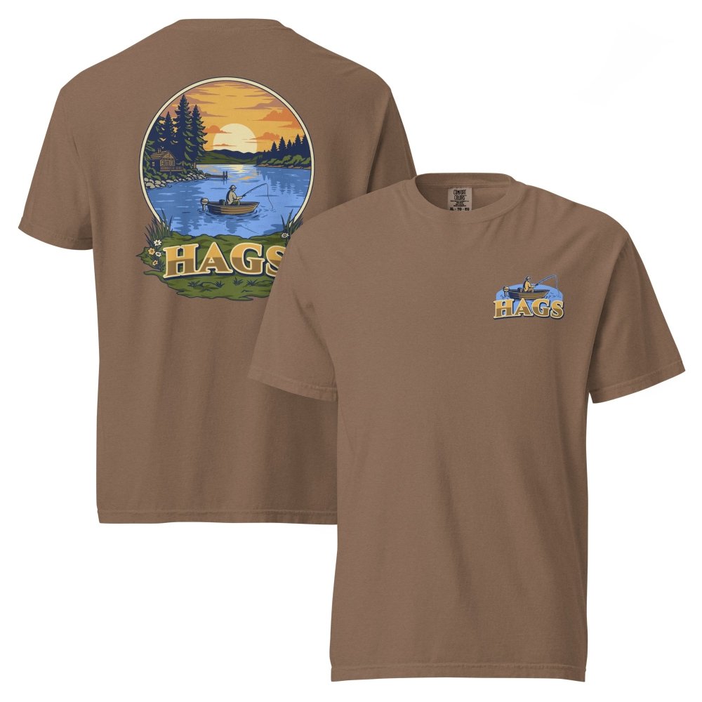 Front and back views of brown HAGS sunset fishing T-shirt, showing small HAGS fishing chest graphic and a sunset lake fishing illustration.