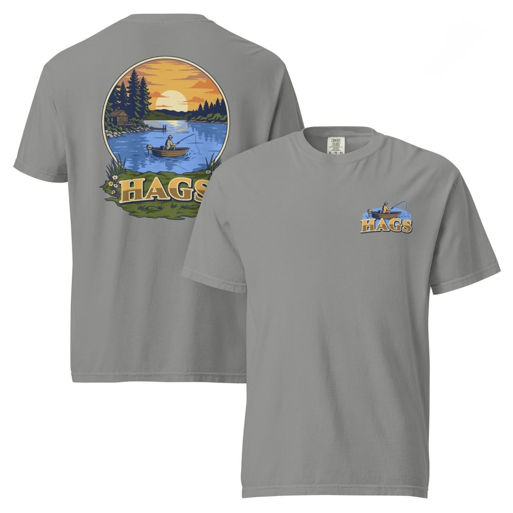 Front and back views of gray HAGS sunset fishing T-shirt, showing small HAGS fishing chest graphic and a sunset lake fishing illustration.