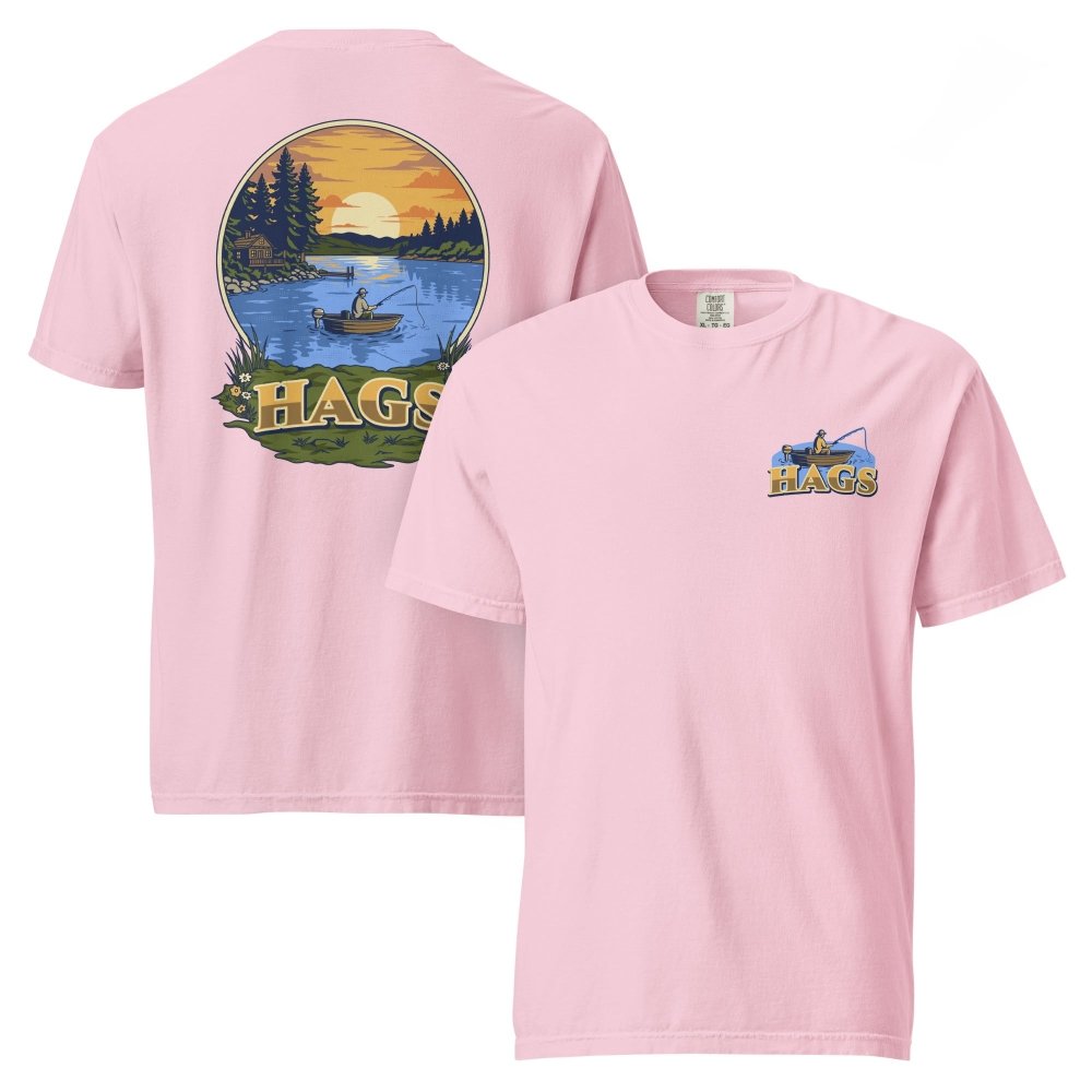Front and back views of pink HAGS sunset fishing T-shirt, showing small HAGS fishing chest graphic and a sunset lake fishing illustration.