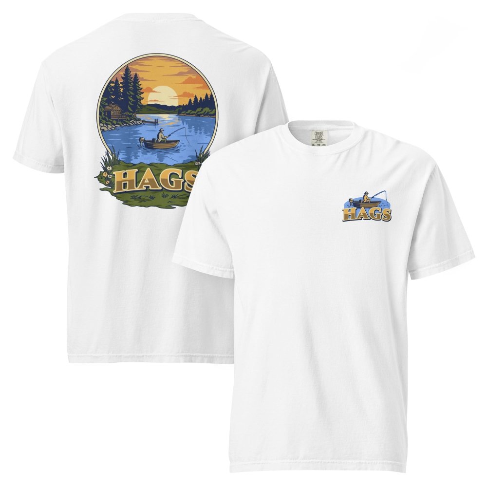 Front and back views of white HAGS sunset fishing T-shirt, showing small HAGS fishing chest graphic and a sunset lake fishing illustration.