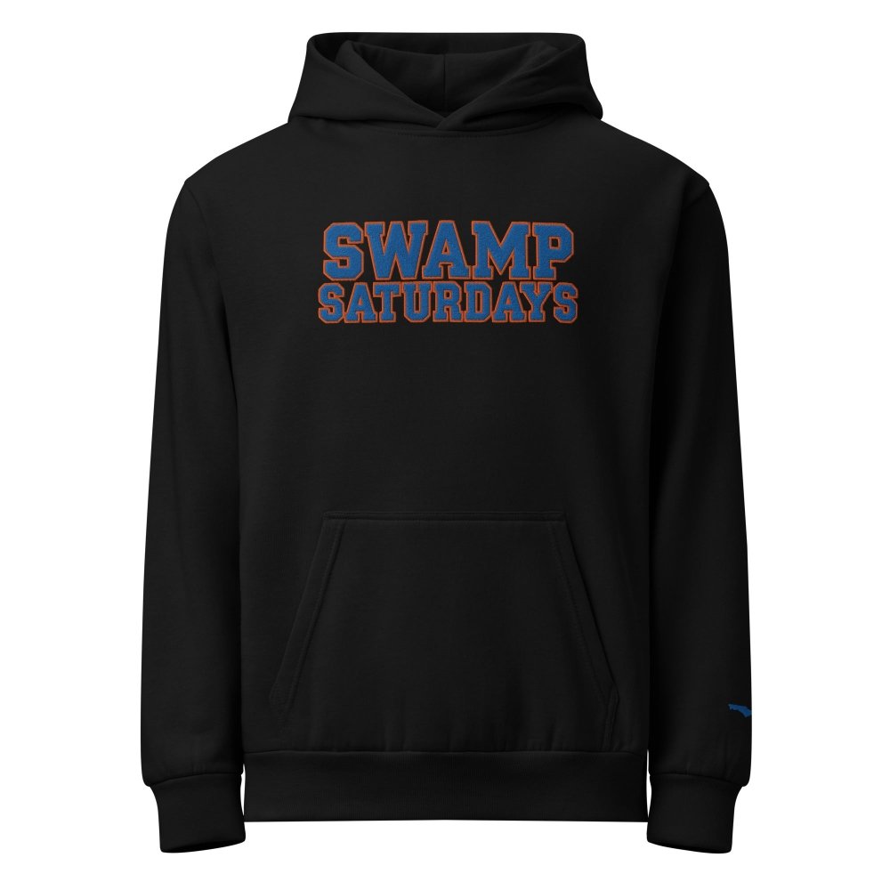 Front view of black HAGS Swamp Saturdays Florida hoodie, showing blue and orange SWAMP SATURDAYS lettering.