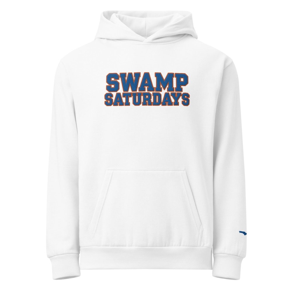 Front view of white HAGS Swamp Saturdays Florida hoodie, showing blue and orange SWAMP SATURDAYS lettering.