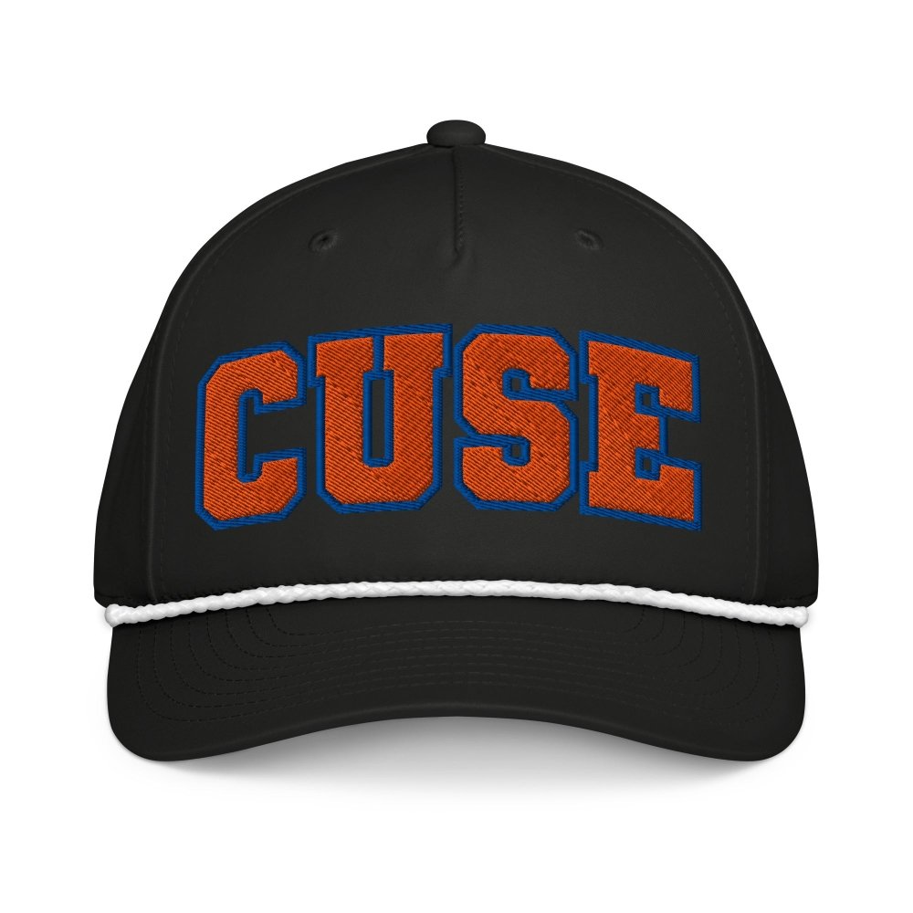 Front view of black HAGS Syracuse CUSE rope hat, showing orange and blue CUSE lettering.