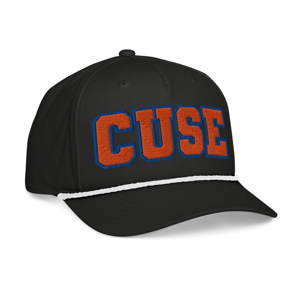 Opposite angled front view of black HAGS Syracuse CUSE rope hat, showing orange and blue CUSE lettering.