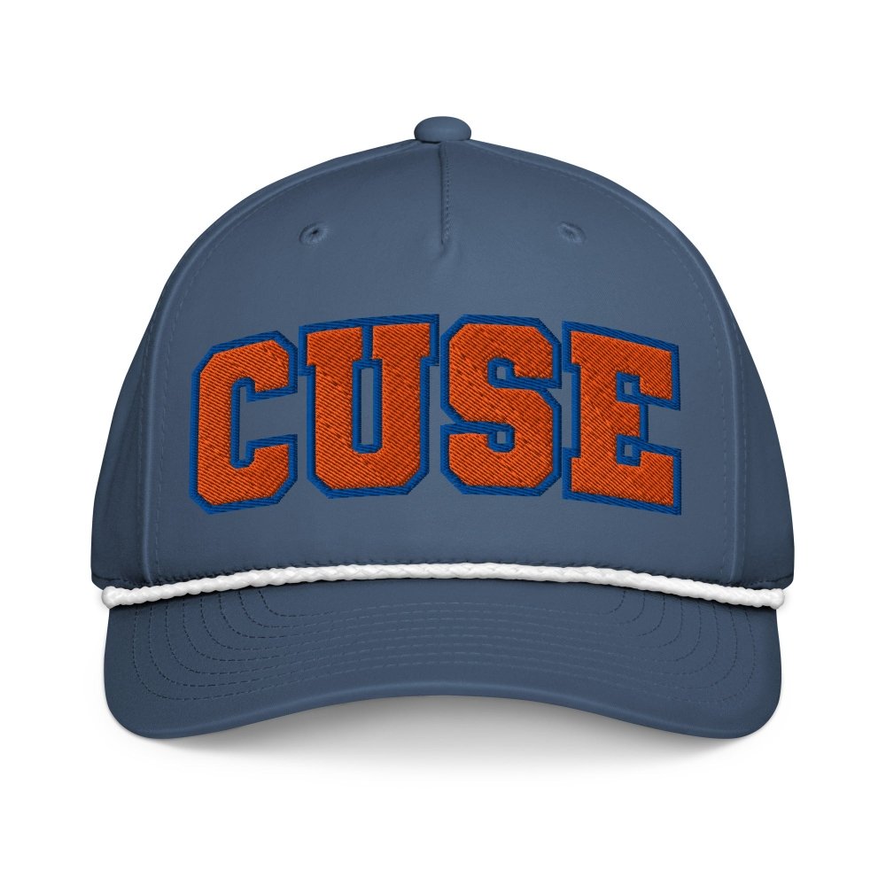 Front view of navy HAGS Syracuse CUSE rope hat, showing orange and blue CUSE lettering.