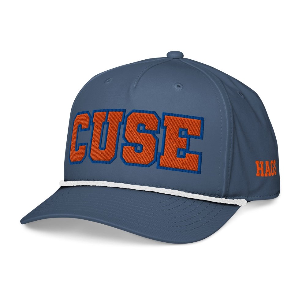 Angled front view of navy HAGS Syracuse CUSE rope hat, showing orange and blue CUSE lettering.