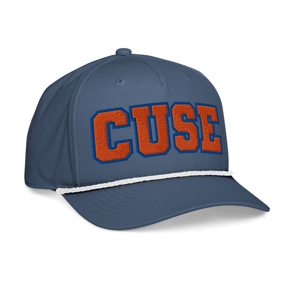 Opposite angled front view of navy HAGS Syracuse CUSE rope hat, showing orange and blue CUSE lettering.