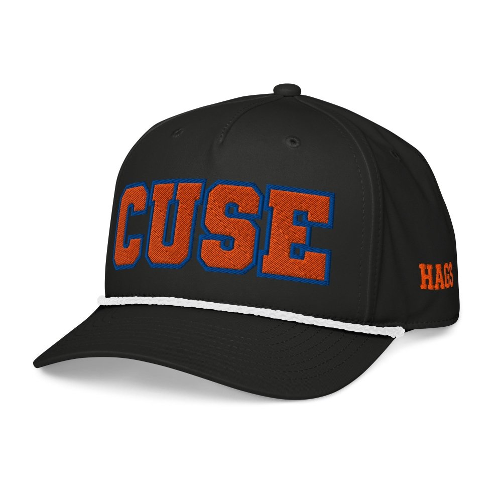 Back view of white HAGS Syracuse CUSE rope hat, showing adjustable snapback closure.