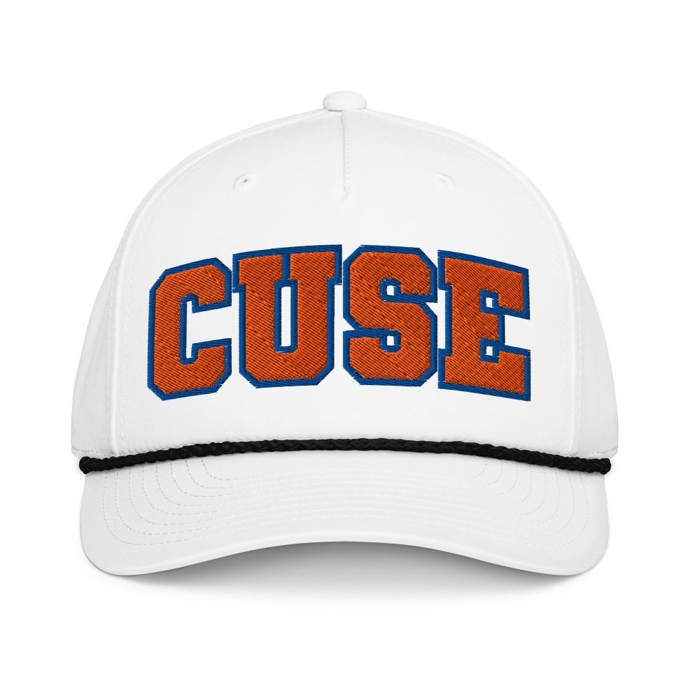 Front view of white HAGS Syracuse CUSE rope hat, showing orange and blue CUSE lettering.