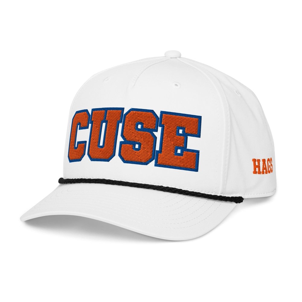Angled front view of white HAGS Syracuse CUSE rope hat, showing orange and blue CUSE lettering.