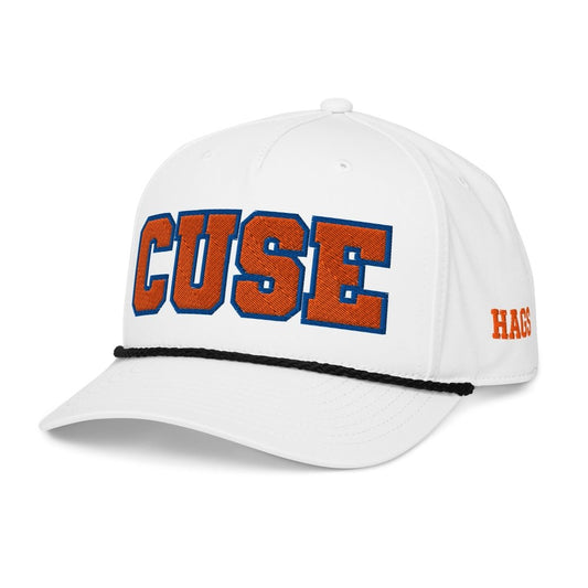 Angled front view of white HAGS Syracuse CUSE rope hat, showing orange and blue CUSE lettering.