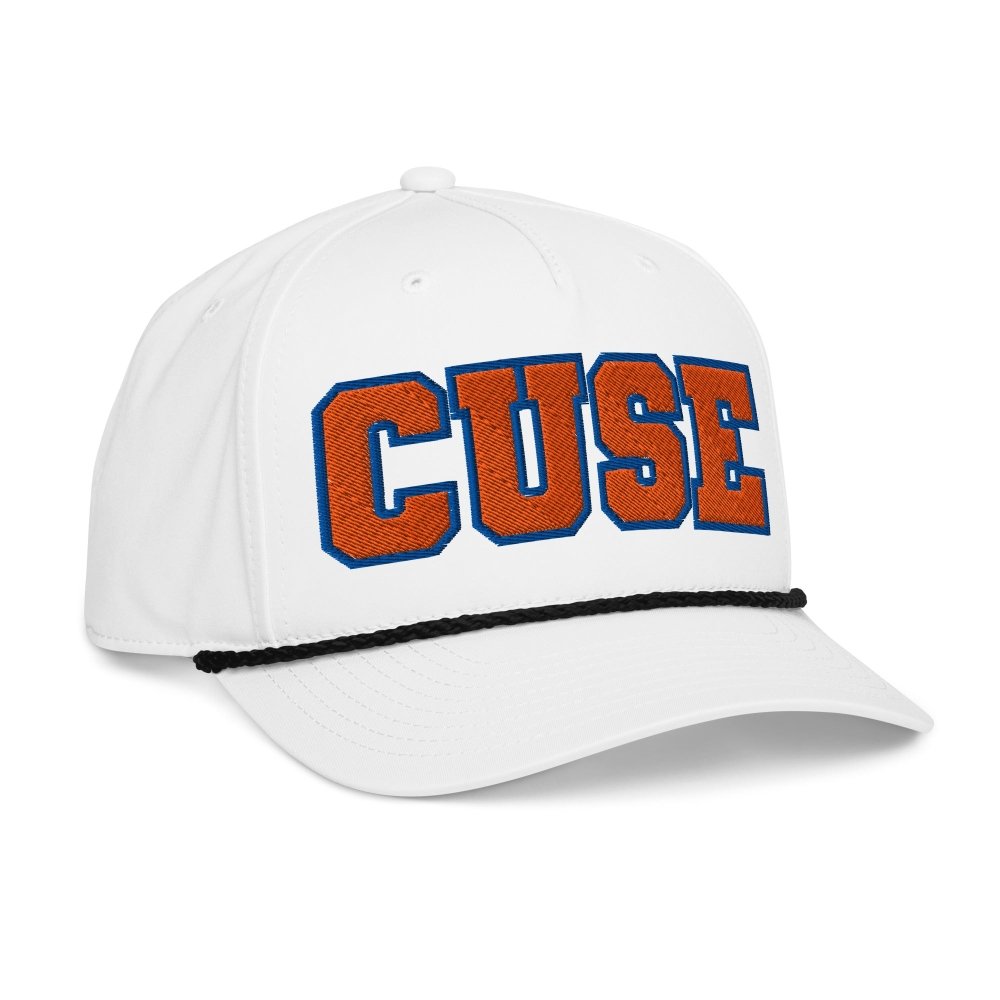 Opposite angled front view of white HAGS Syracuse CUSE rope hat, showing orange and blue CUSE lettering.
