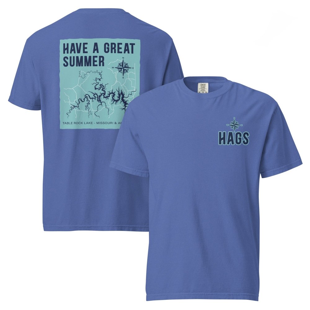 Front and back views of blue HAGS Table Rock Lake Missouri T-shirt, showing small HAGS chest logo and Table Rock Lake map and Have a Great Summer lettering.