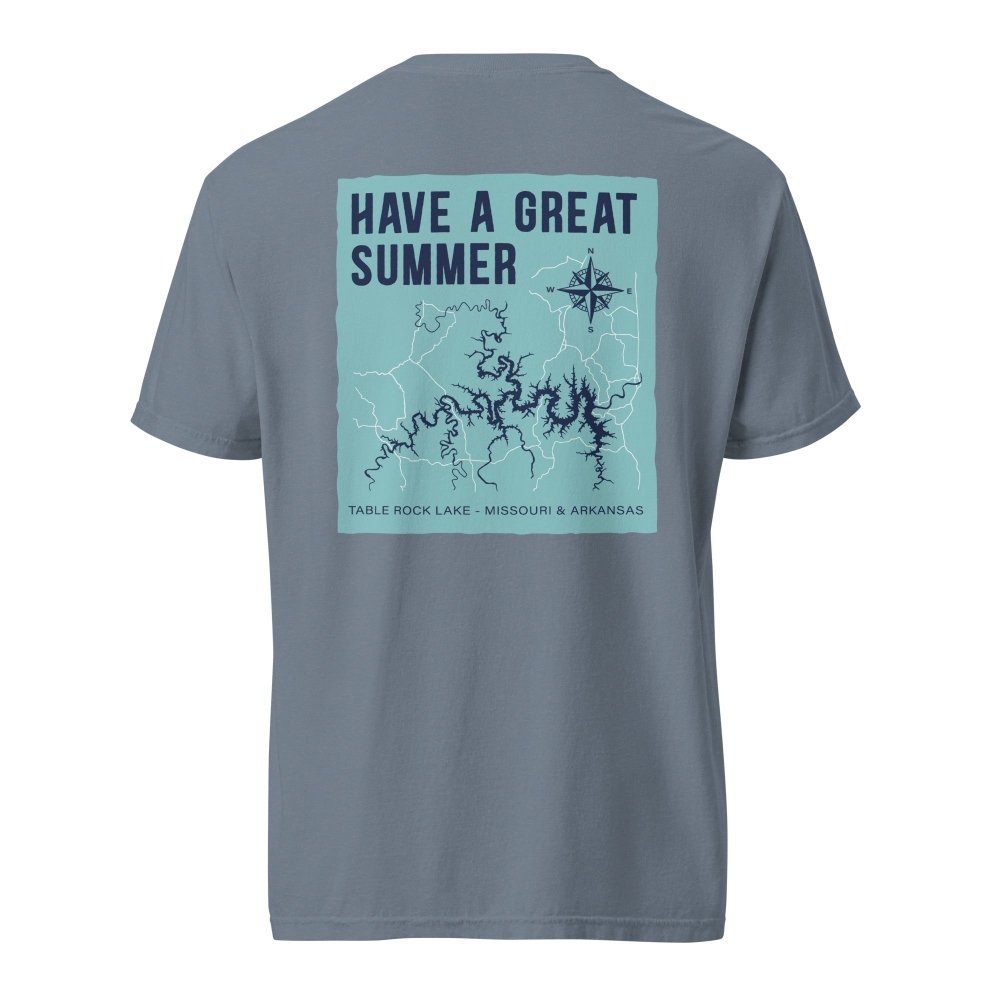 Back view of blue gray HAGS Table Rock Lake Missouri T-shirt, showing Table Rock Lake map and Have a Great Summer lettering.