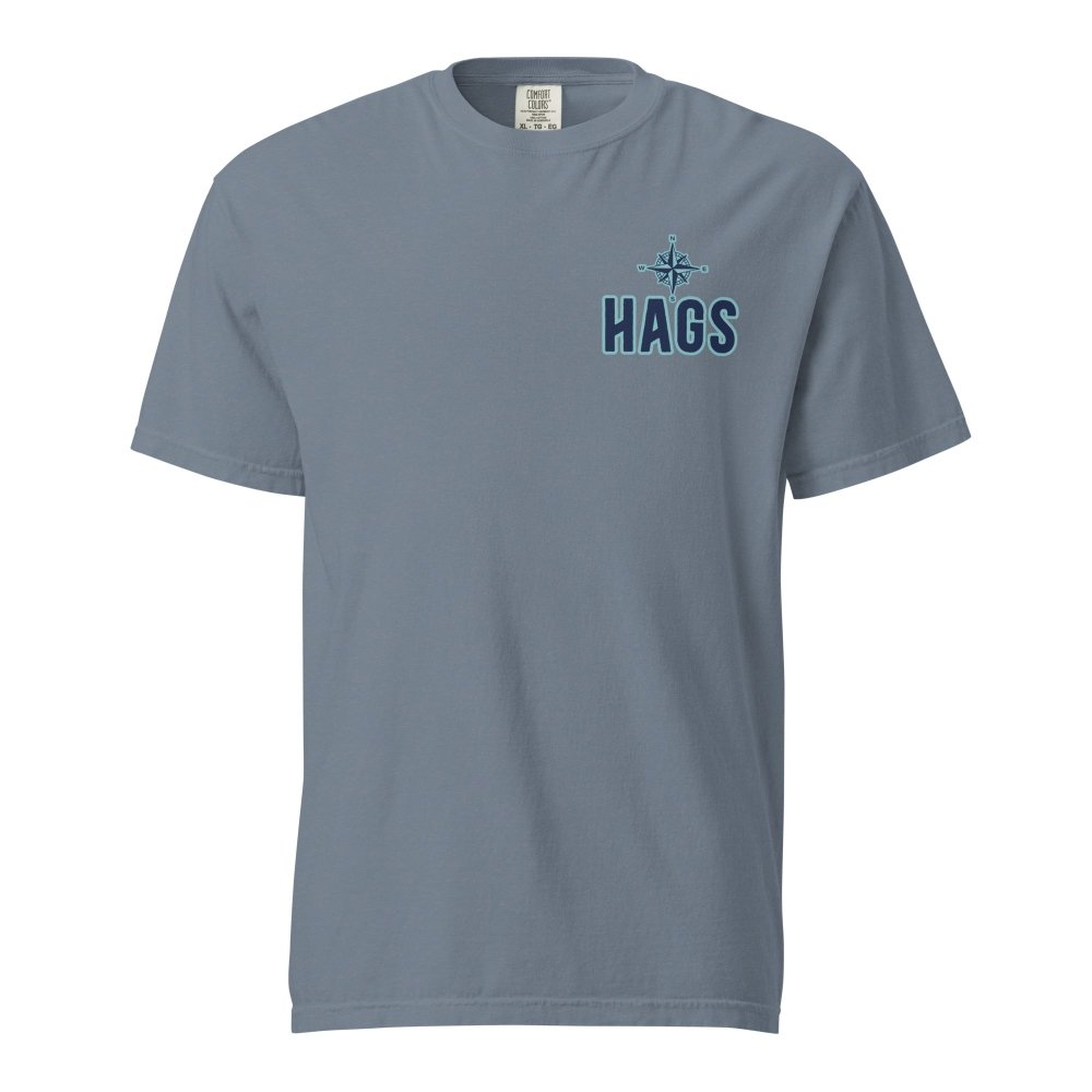 Front view of blue gray HAGS Table Rock Lake Missouri T-shirt, showing small HAGS chest logo.