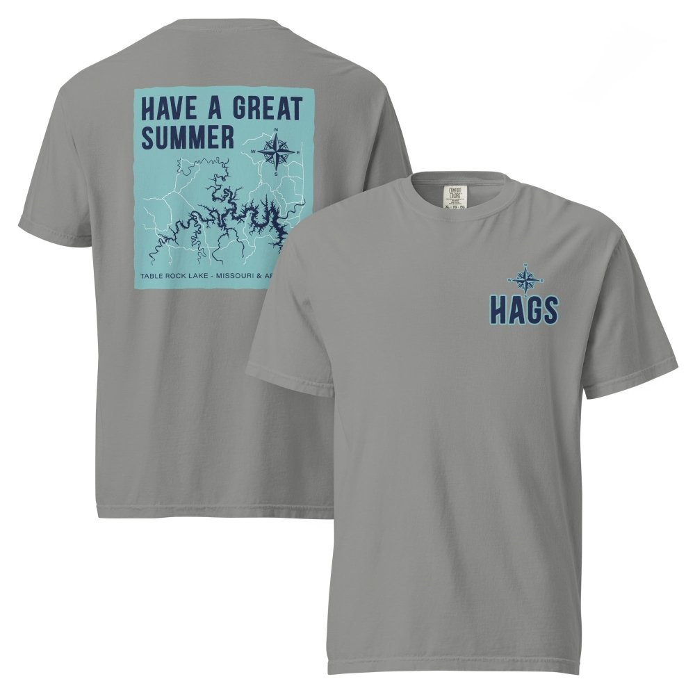 Front and back views of gray HAGS Table Rock Lake Missouri T-shirt, showing small HAGS chest logo and Table Rock Lake map and Have a Great Summer lettering.