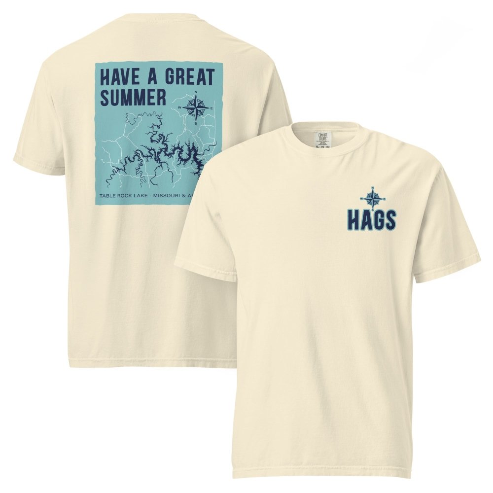 Front and back views of ivory HAGS Table Rock Lake Missouri T-shirt, showing small HAGS chest logo and Table Rock Lake map and Have a Great Summer lettering.
