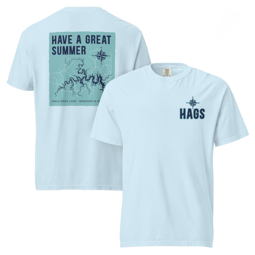 Front and back views of light blue HAGS Table Rock Lake Missouri T-shirt, showing small HAGS chest logo and Table Rock Lake map and Have a Great Summer lettering.