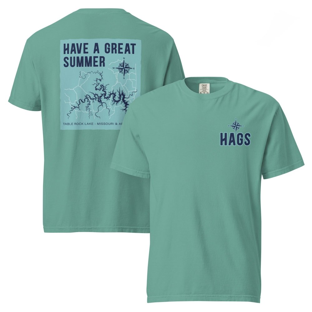 Front and back views of seafoam green HAGS Table Rock Lake Missouri T-shirt, showing small HAGS chest logo and Table Rock Lake map and Have a Great Summer lettering.