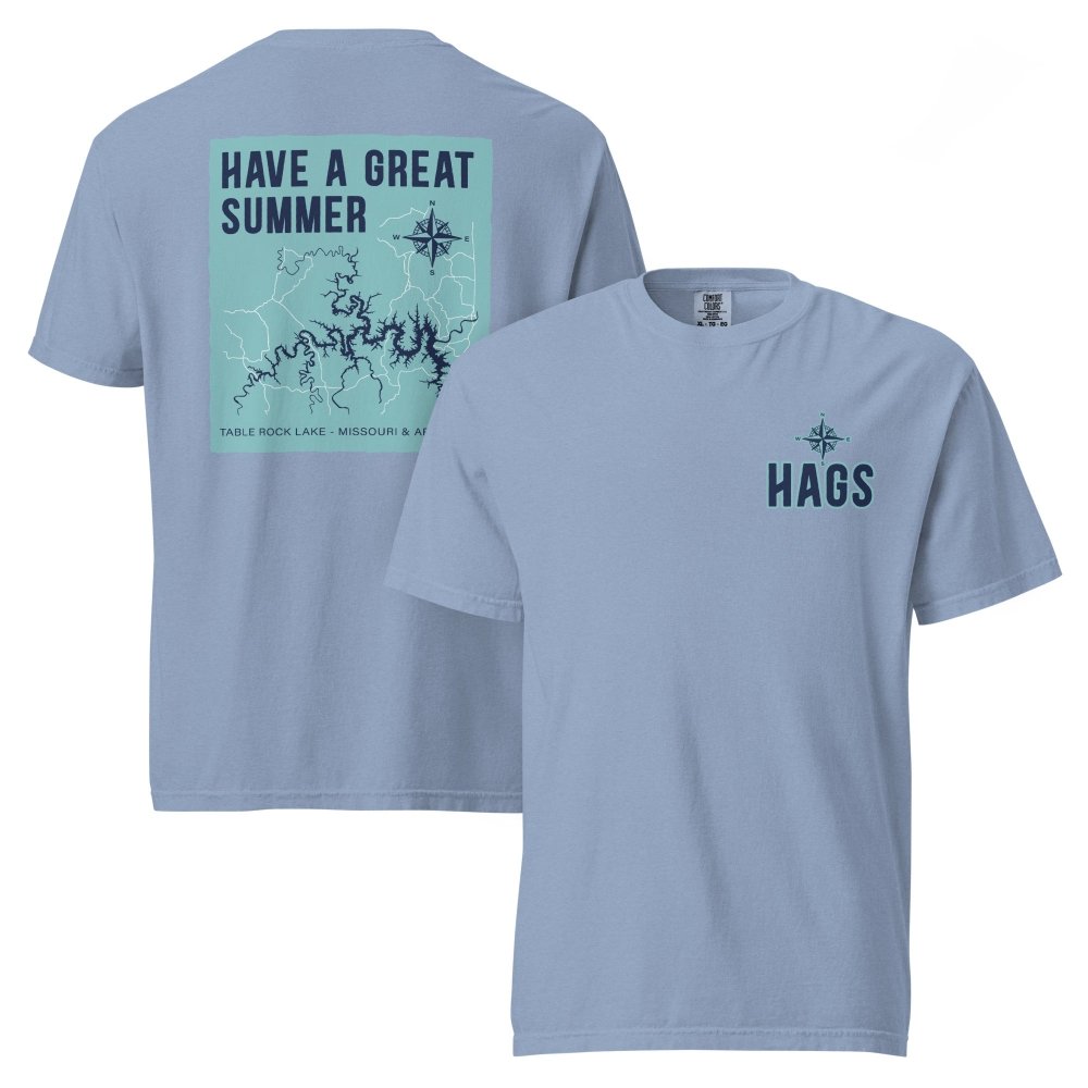 Front and back views of washed blue HAGS Table Rock Lake Missouri T-shirt, showing small HAGS chest logo and Table Rock Lake map and Have a Great Summer lettering.