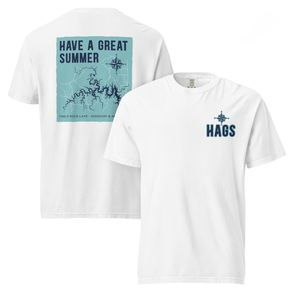 Front and back views of white HAGS Table Rock Lake Missouri T-shirt, showing small HAGS chest logo and Table Rock Lake map and Have a Great Summer lettering.