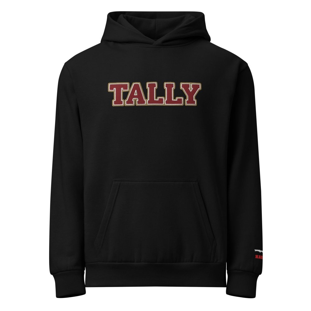 Front view of black HAGS Tallahassee Florida TALLY hoodie, showing maroon and gold TALLY lettering.