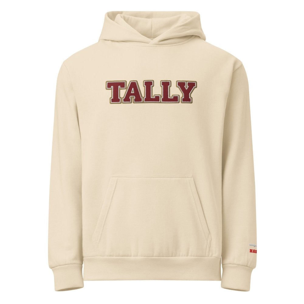 Front view of ivory HAGS Tallahassee Florida TALLY hoodie, showing maroon and gold TALLY lettering.