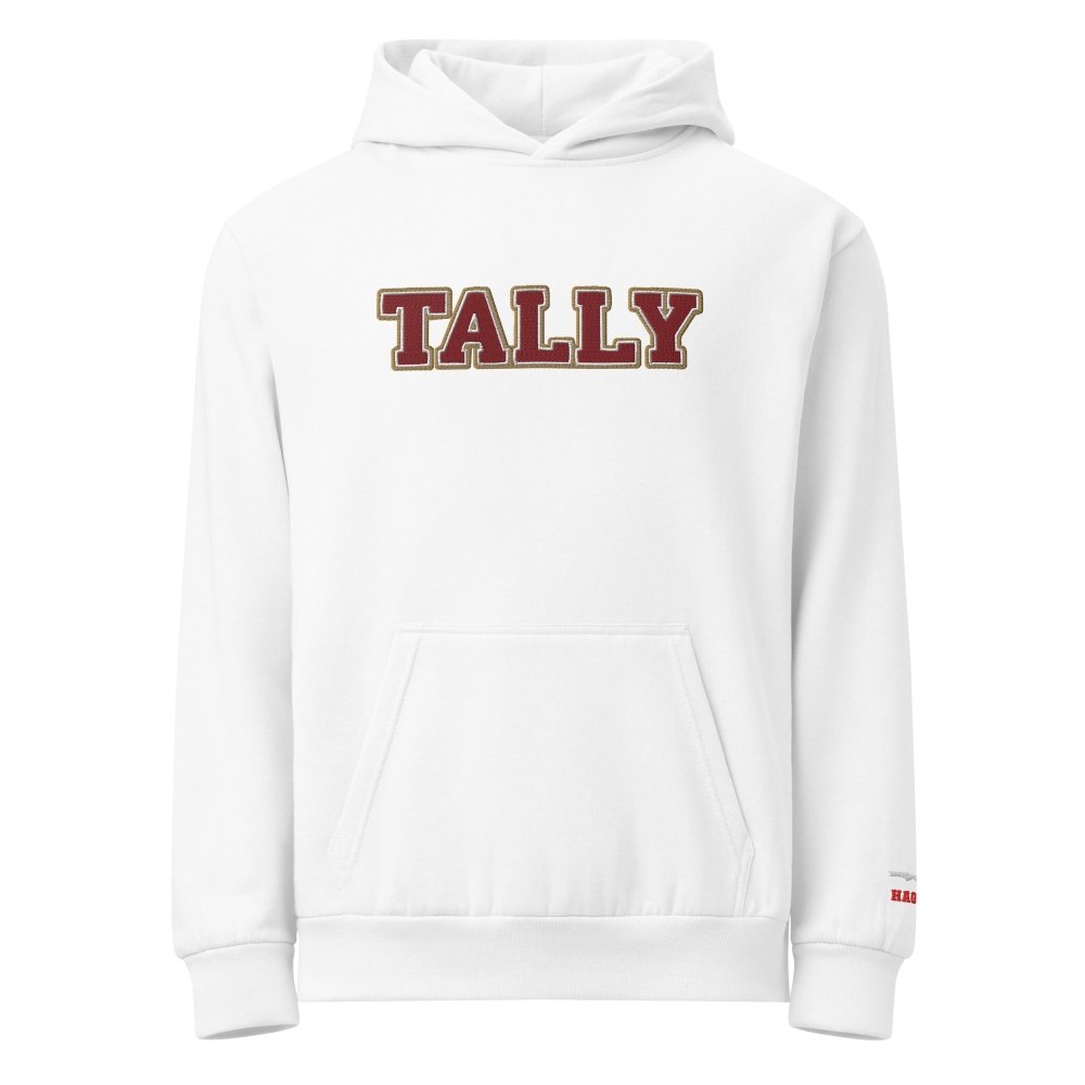 Front view of white HAGS Tallahassee Florida TALLY hoodie, showing maroon and gold TALLY lettering.