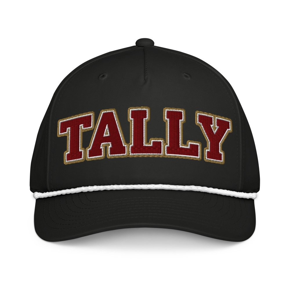 Front view of black HAGS Tallahassee Florida TALLY rope hat, showing maroon and gold TALLY lettering.