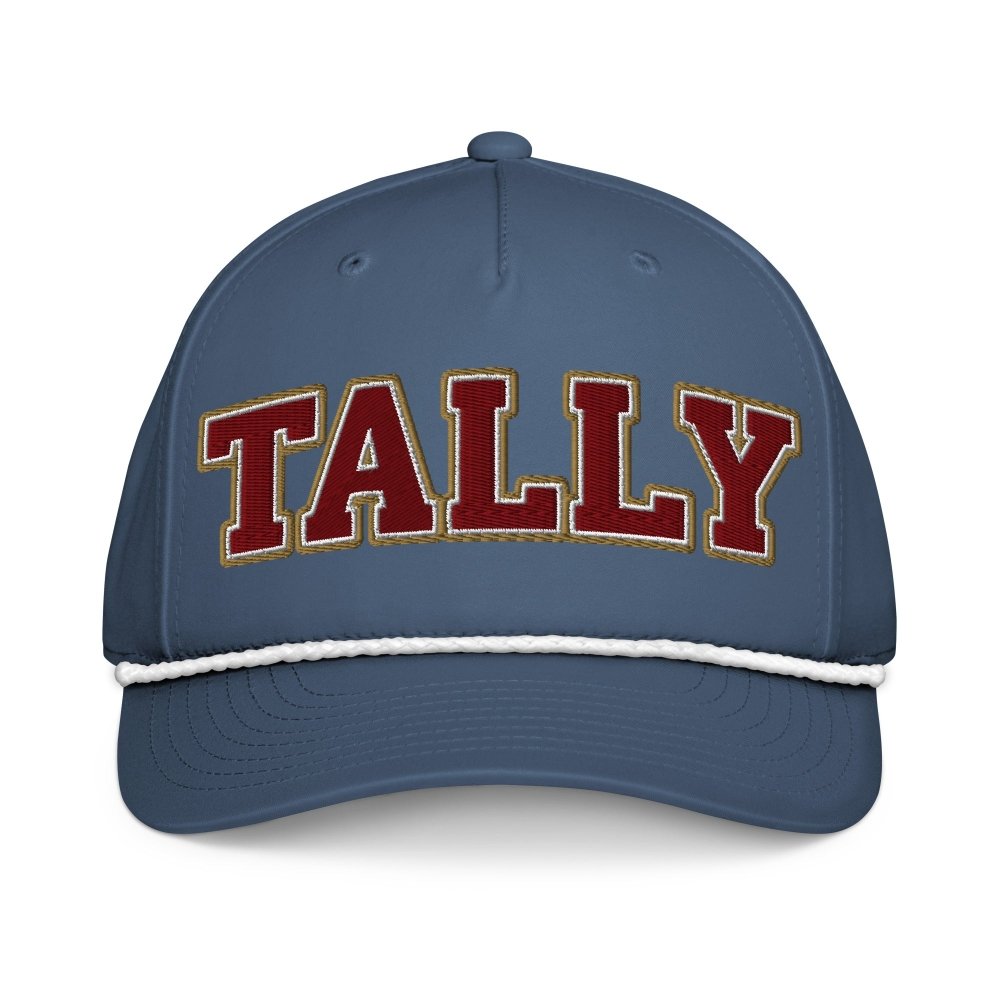 Front view of navy HAGS Tallahassee Florida TALLY rope hat, showing maroon and gold TALLY lettering.