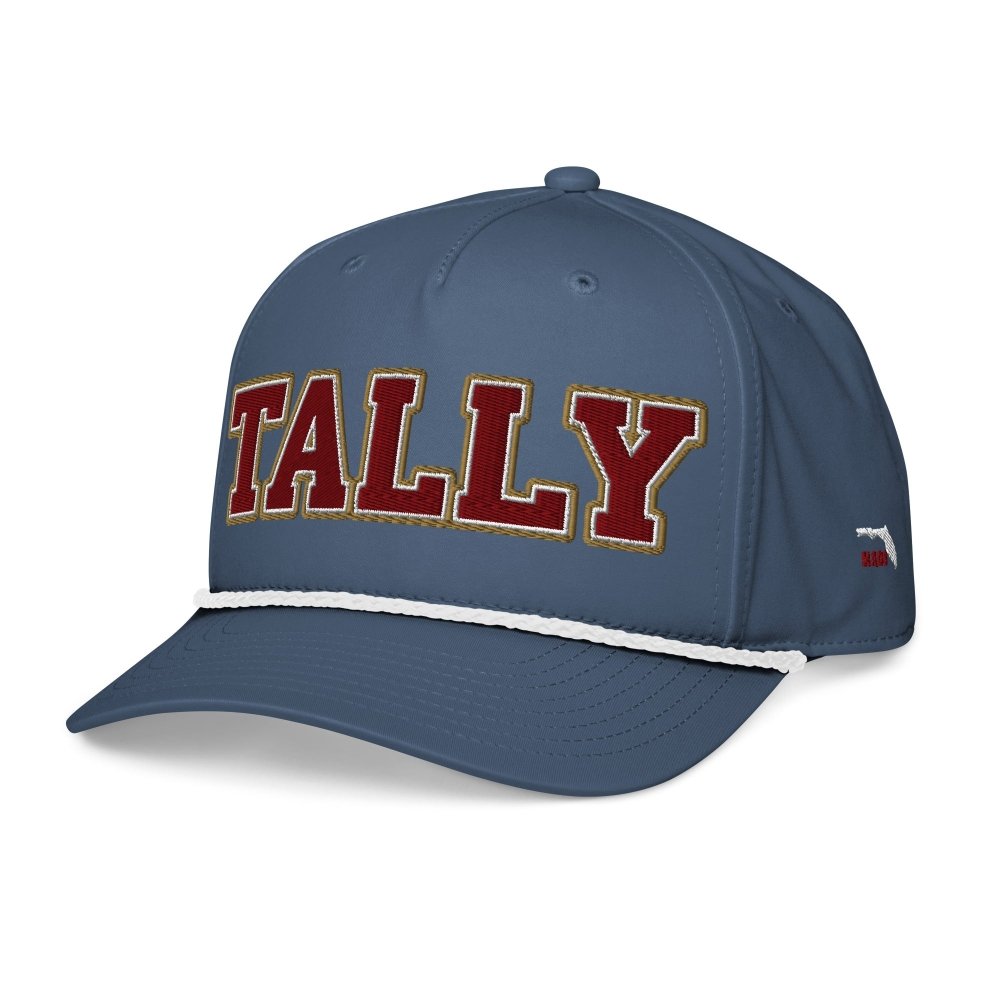 Angled front view of navy HAGS Tallahassee Florida TALLY rope hat, showing maroon and gold TALLY lettering.