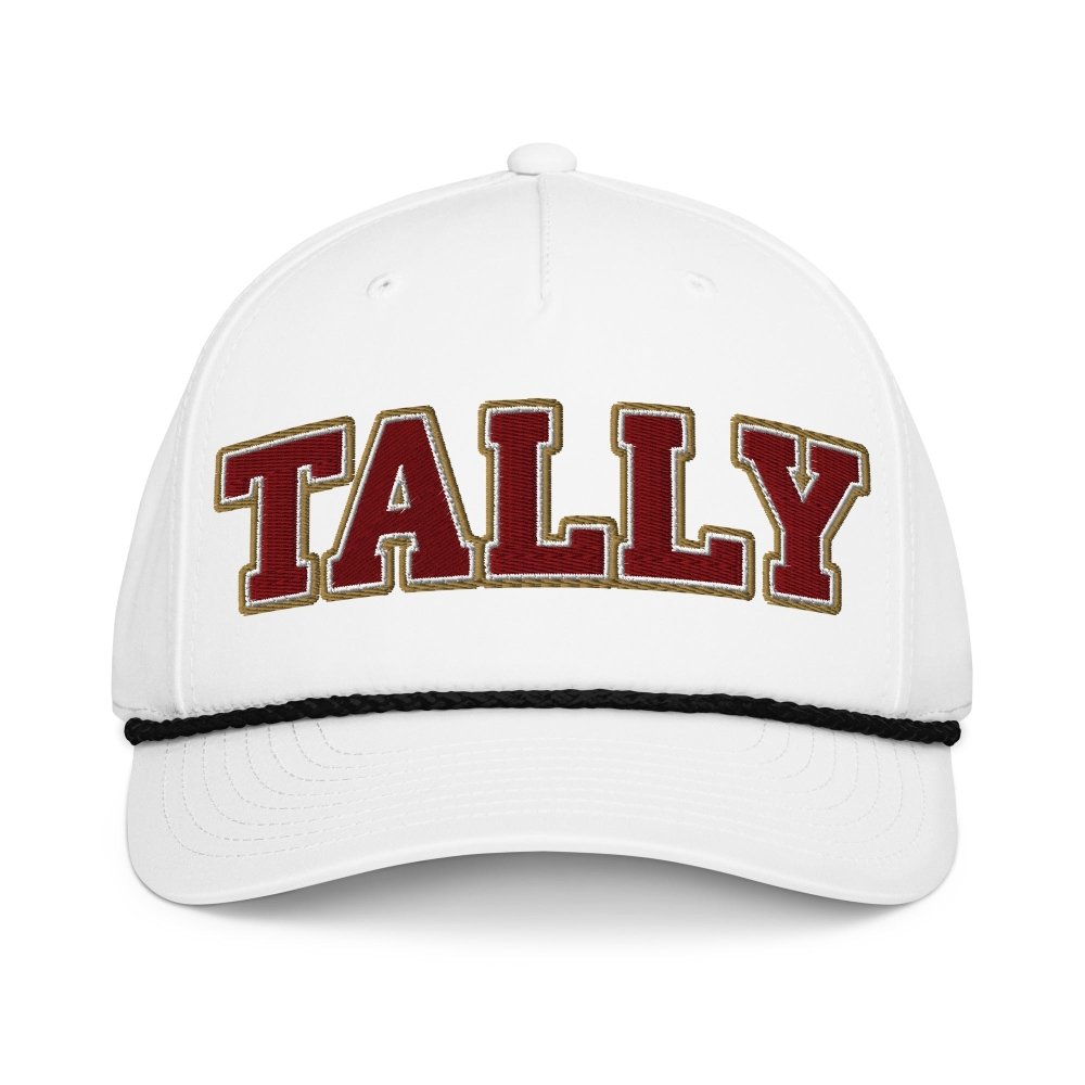 Front view of white HAGS Tallahassee Florida TALLY rope hat, showing maroon and gold TALLY lettering.