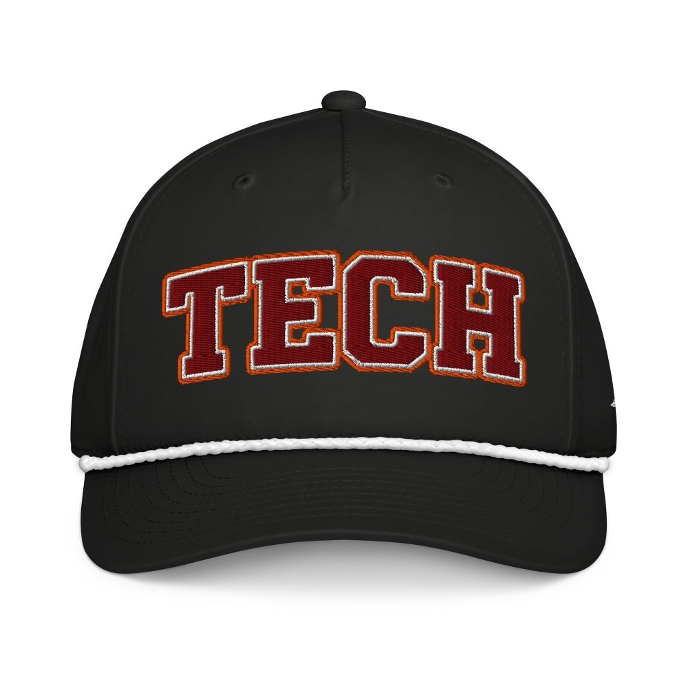 Front view of black HAGS Tech maroon and gold rope hat, showing maroon and gold TECH lettering.