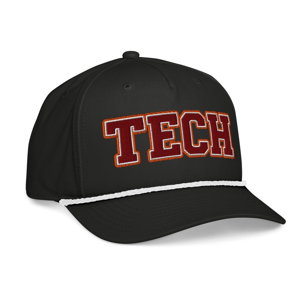 Opposite angled front view of black HAGS Tech maroon and gold rope hat, showing maroon and gold TECH lettering.
