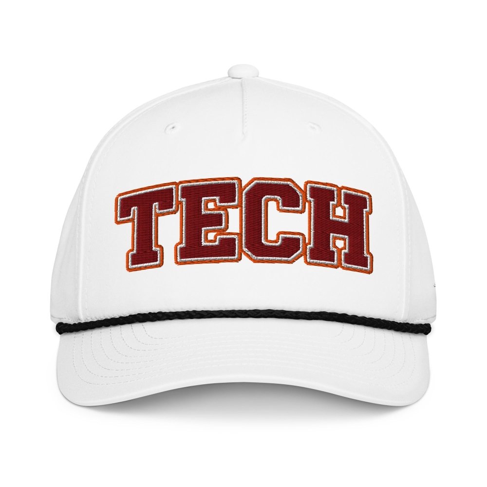 Front view of white HAGS Tech maroon and gold rope hat, showing maroon and gold TECH lettering.