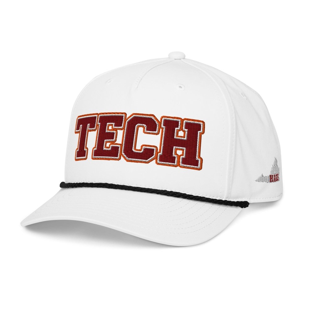 Angled front view of white HAGS Tech maroon and gold rope hat, showing maroon and gold TECH lettering.