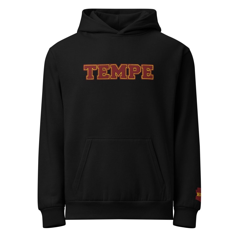 Front view of black HAGS Tempe Arizona embroidered hoodie, showing maroon TEMPE chest lettering.