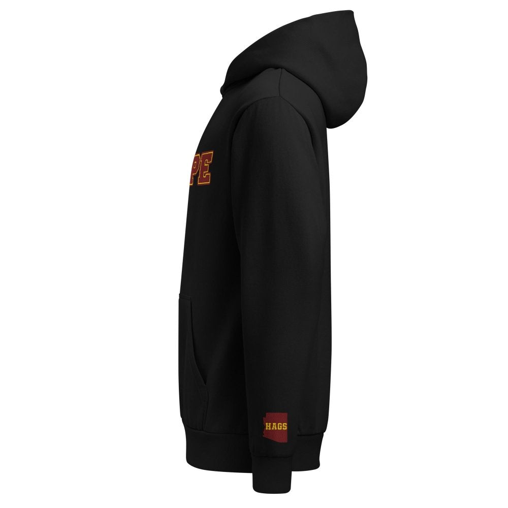 Left-side view of black HAGS Tempe Arizona embroidered hoodie.
