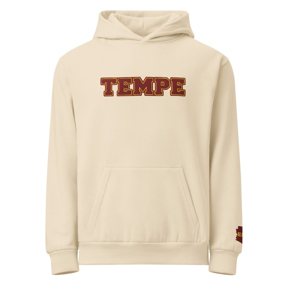 Front view of ivory HAGS Tempe Arizona embroidered hoodie, showing maroon TEMPE chest lettering.