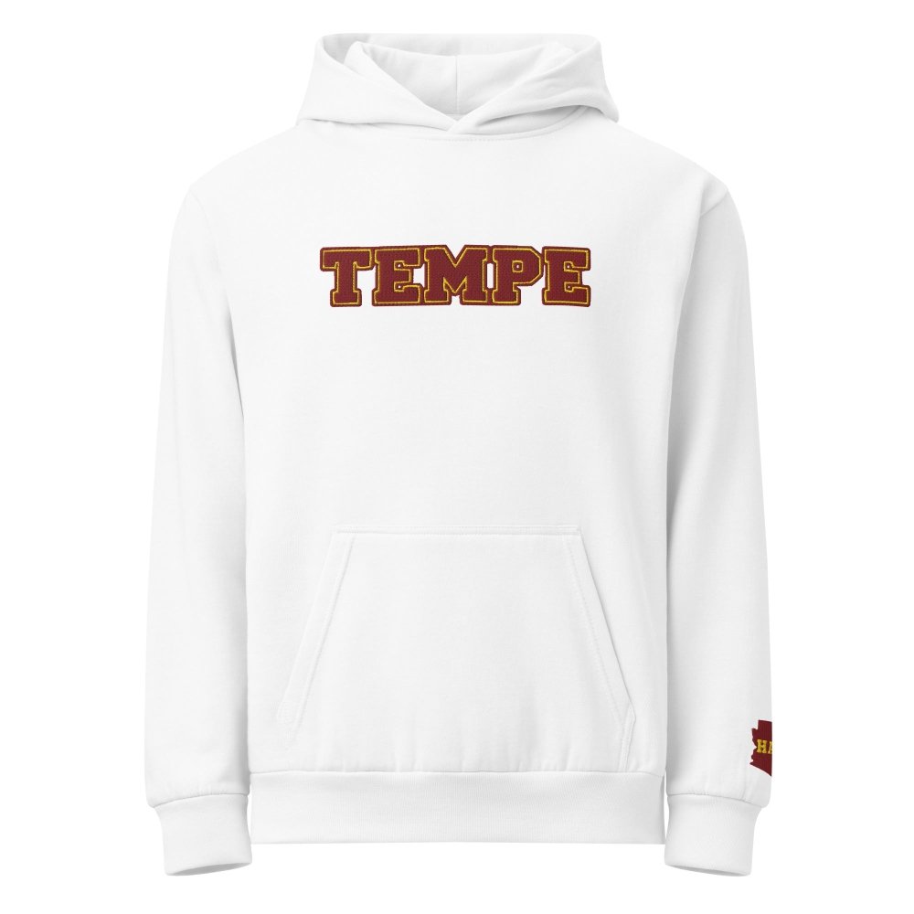 Front view of white HAGS Tempe Arizona embroidered hoodie, showing maroon TEMPE chest lettering.