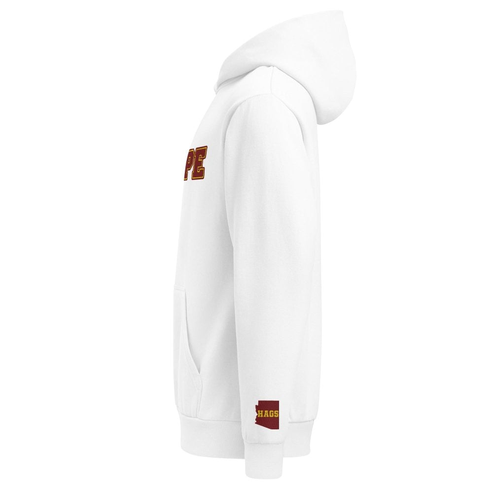 Left-side view of white HAGS Tempe Arizona embroidered hoodie.