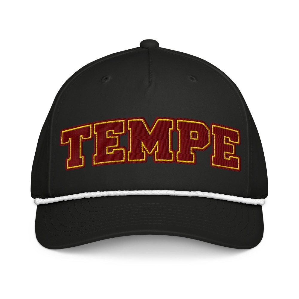 Front view of black HAGS Tempe Arizona rope hat, showing maroon and gold TEMPE lettering and contrasting rope.