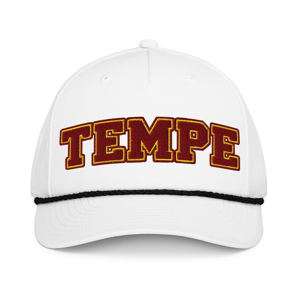 Front view of white HAGS Tempe Arizona rope hat, showing maroon and gold TEMPE lettering and contrasting rope.